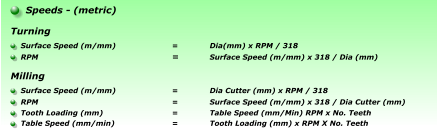 Speeds - (metric)   Surface Speed (m/mm)		=	Dia(mm) x RPM / 318 RPM				=	Surface Speed (m/mm) x 318 / Dia (mm)  Turning Surface Speed (m/mm)		=	Dia Cutter (mm) x RPM / 318 RPM				=	Surface Speed (m/mm) x 318 / Dia Cutter (mm) Tooth Loading (mm)		=	Table Speed (mm/Min) RPM x No. Teeth Table Speed (mm/min)		=	Tooth Loading (mm) x RPM X No. Teeth  Milling